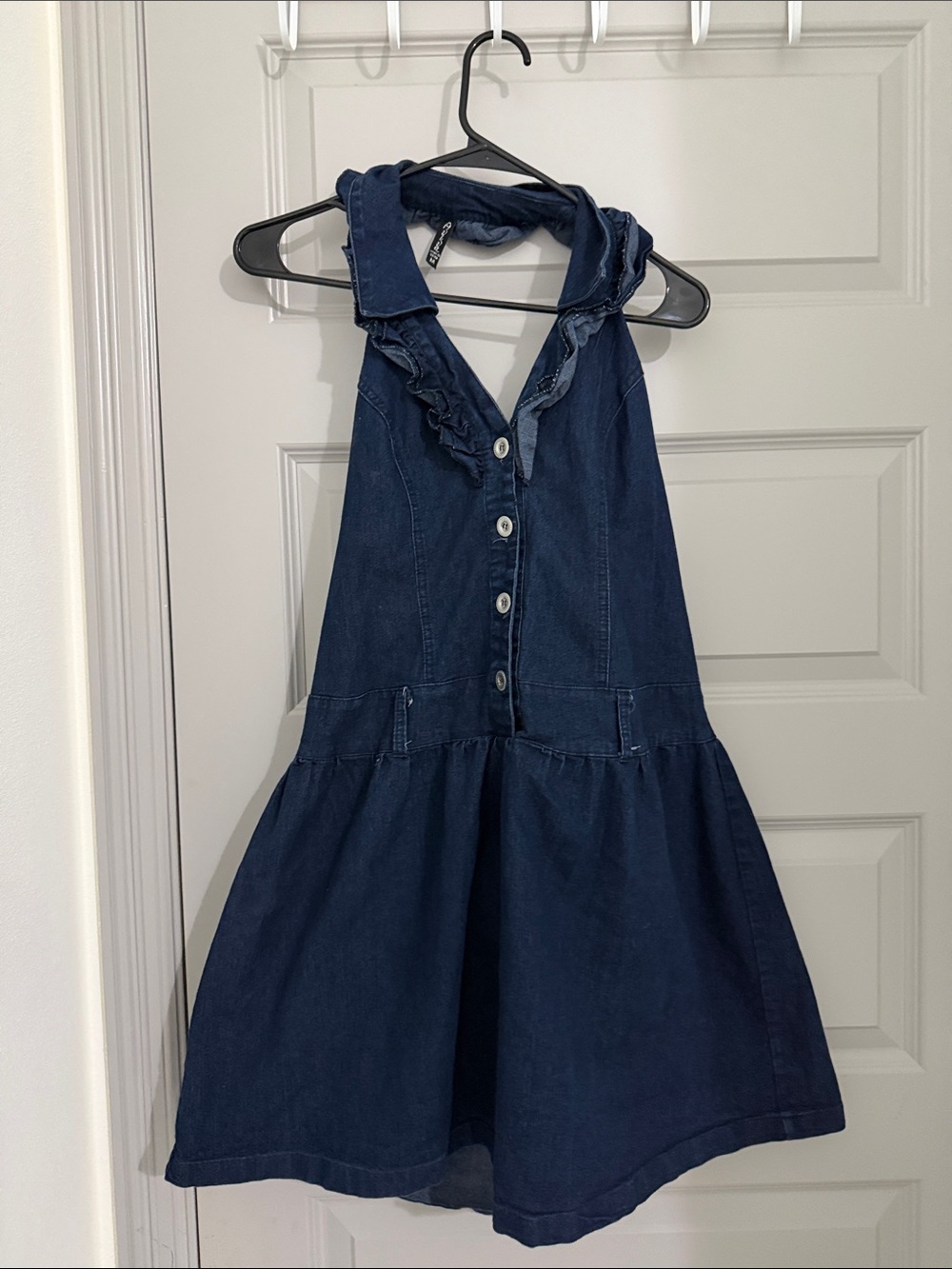 Denim Halter Button Front Dress in Dark Blue